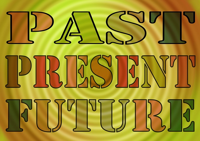 The words "past," "present," and "future" are displayed on a vibrant green background